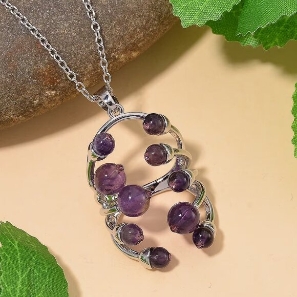 African Amethyst and Purple Austrian Crystal  Pendant Necklace in Silvertone - Picture 2 of 3